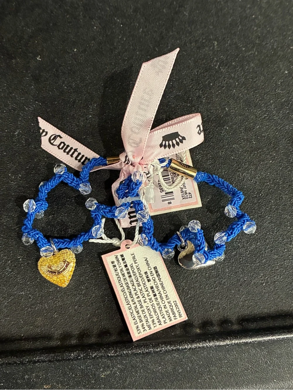 Juicy Couture S/2 Beaded Elastic Hair Tie with Gold Pave Crystal Heart Charms